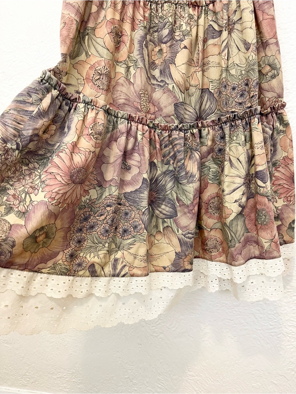 Vintage Dress Midi Floral Cottagecore Farmhouse Boho Prairie Mauve Beige S/M - Picture 10 of 14